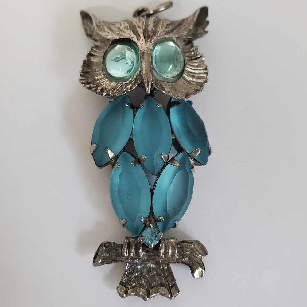 Vintage Owl Blue Rhinestone and Silver Metal Pendant